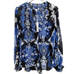 CHICO'S Trapunto Blouse Size 12 / L (Chicos 2) Blue Black Ikat Flowy Chiffon NWT